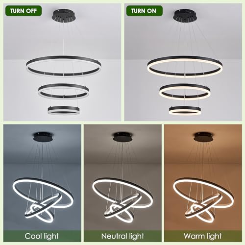 3 Rings Modern LED Chandelier Black Dimmable Pendant Lighting with Remote Control Circular Flush Mount High Ceiling Light for Dining Room Living Room Entrance Foyer