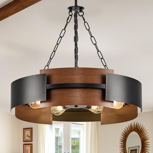 24" 6 Light Industrial Drum Chandelier with Red Walnut Grain