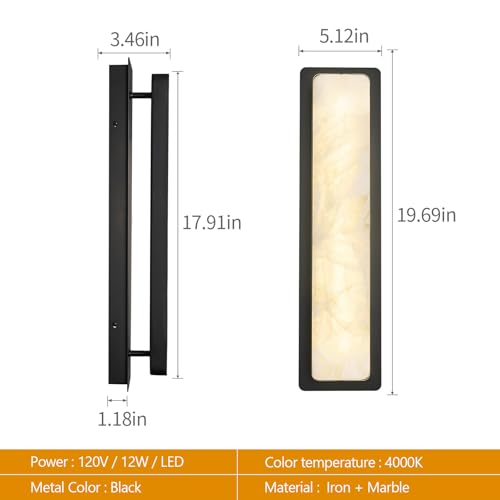Alabaster Wall Sconces Set of Two Modern LED Wall Lights Natural Spanish Marble 20" Rectangular Wall Sconce Black Wall Lamps for Bedroom Living Room Hallway Staircase