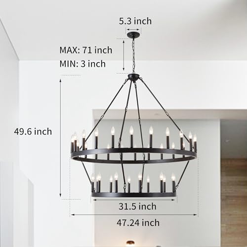 Rustic Farmhouse Black Wagon Wheel Chandelier Large Chandeliers for High Ceilings 2 Tier 36 Lights 48 Inch for Dining Room Living Room Foyer Porch Kitchen Island