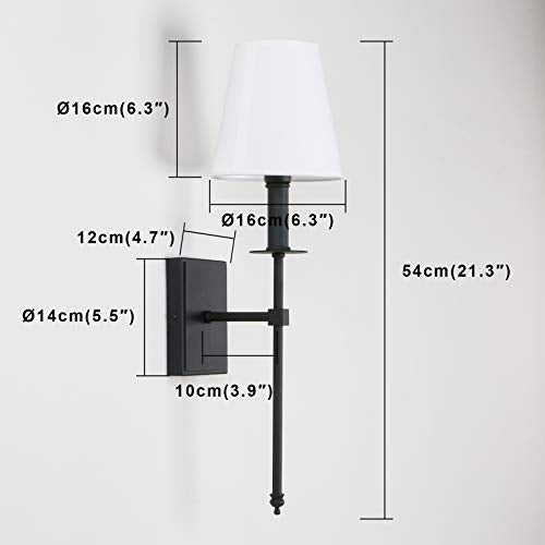 Set of 2 Classic Rustic Industrial Wall Sconce Lighting Fixture with Flared White Textile Lamp Shade and Black Tapered Column Stand (2 Count)