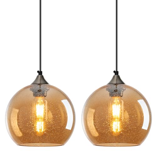 Amber Glass Pendant Lights Kitchen Island Lighting Globe Pendant Light Fixtures Modern Pendant Lighting for Bedroom Living Dining Room Light Fixture (2 Count)