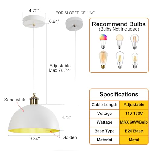 Vintage Industrial Pendant Light 9.84" Farmhous Dome Pendant Light White and Gold Finish Lighting lamp line Length 78.74" Kitchen Island