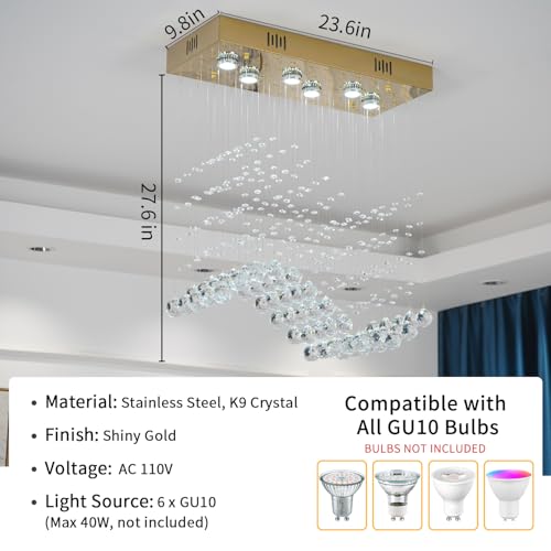 Modern Gold Wave Rectangular Chandelier for Dining Room Over Table