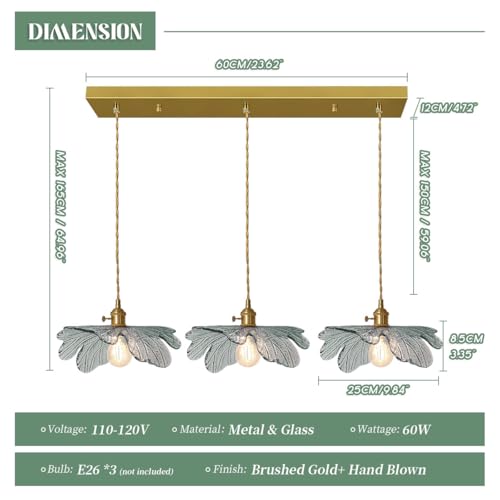 3 Light Mid Century Chandelier Dark Green Leaf Glass for Kitchen