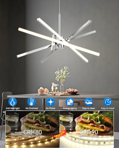 Modern Sputnik Chandelier Ceiling 82W LED Chrome Pendant Light Embedded Mount Chandeliers Dining Room Light Fixtures Over Table Dimmable with Remote Control for Living Room Kitchen Bedroom (5 Count)