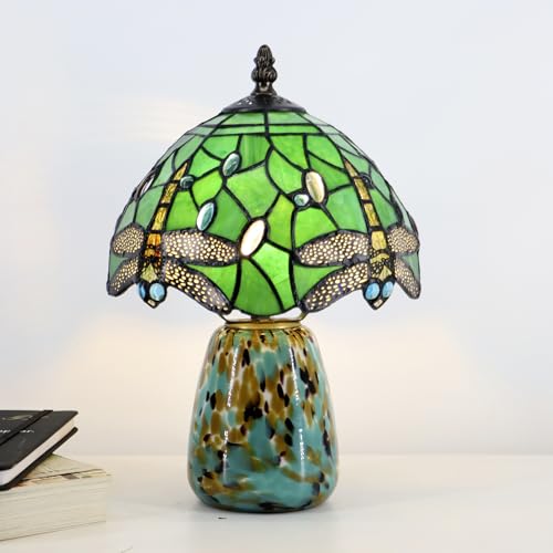 Tiffany Mushroom Table Lamp Dragonfly Style Green Stained Glass Accent Lamp Brown Blue Glass Base 8X8X12 Inch