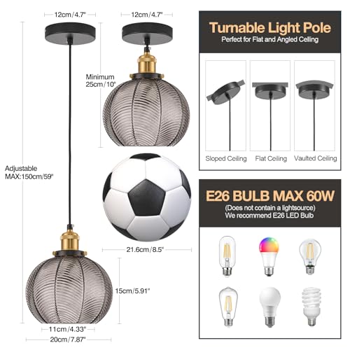 Vintage Smoke Gray Glass Pendant Lights for Kitchen Island E26 Base