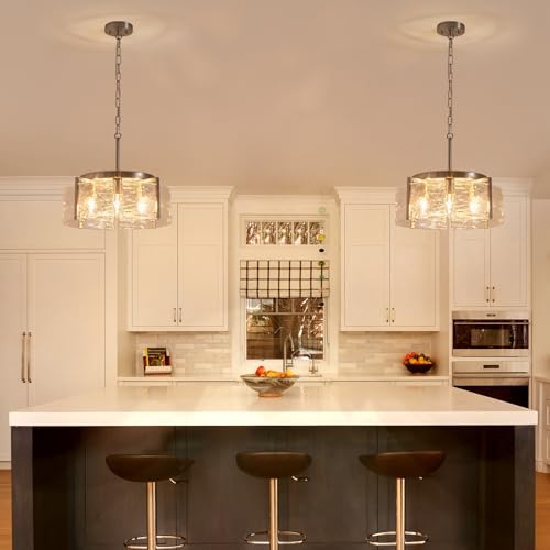 4 Light Glass Brushed Nickel Chandeliers for Dining Room 17.3" Round Modern Farmhouse Chandelier Drum Hanging Pendant Ceiling Light Fixture for Hallway Entryway Kitchen Island Foyer Bedroom