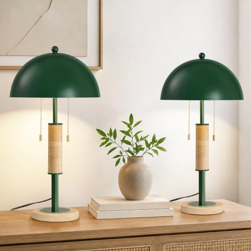 Green Bedside Table Lamp Set 2 Mid Century Modern Tavertine Nightstand Lamp