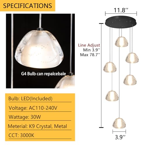 6 Lights Modern Crystal Chandelier for Entrance LED Pendant Light for Kitchen Island Foyer Living Room Bedroom Staircase 3000K (6 Count)