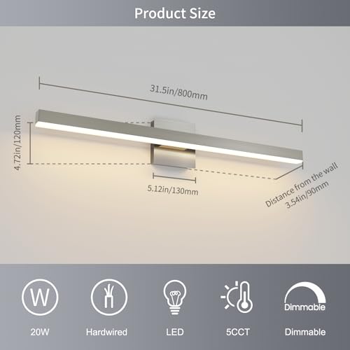 Brushed Nickel Vanity Light for Bathroom Lighting Fixtures Over Mirror Modern Bath Vanity Lights Bar 5CCT Diammable Bathroom Lights 31.5 inch ETL Certificated