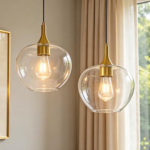 9.45in Gold Pendant Lights Kitchen Island with Clear Glass Shade 2Pack