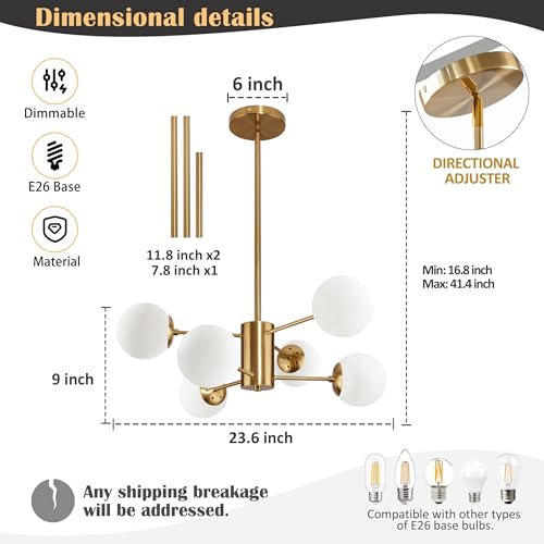 6 Light Globe Sputnik Chandelier Milk Glass Modern Gold Chandelier Light Fixture Mid Century Sputnik Chandeliers Pendant Light Frosted Globe Adjustable Hanging Ceiling Light for Entryway (6 Count)