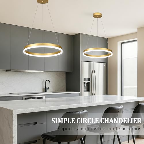 20" Modern Gold Led Chandelier Ring Dimmable LED Chandeliers with Remote Control for Kitchen Island Height Adjustable Chandelier Led Pendant Light for Living Room Dining Room Bedroom Foyer