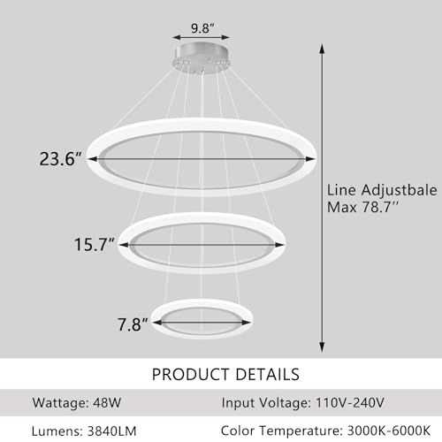 Modern LED Chandelier 3 Ring Chandelier for Dining Room Living Room Pendant Lighting High Ceiling Hanging Light Fixture for Bedroom Foyer Silver