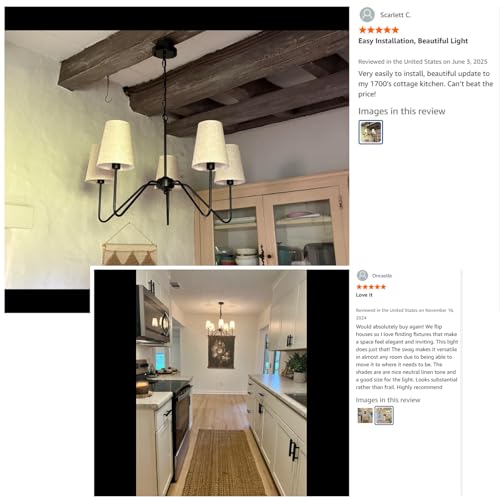 5 Arm Black Chandelier for Dining Room with Linen Fabric Shade