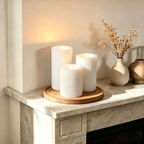 White Ribbed Moving Flame Flameless Pillar Candles with Remote (White)