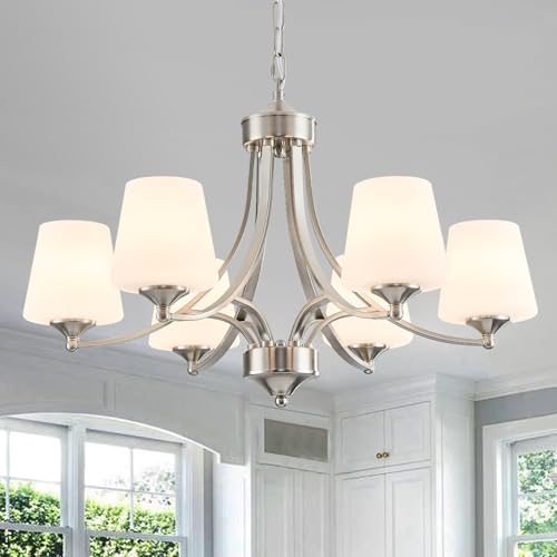 6 Light Brushed Nickel Chandeliers for Dining Room with Frosted Glass Farmhouse Silver Ceiling Hanging Lighting Fixtures Classic Pendant Lamp for Living Room