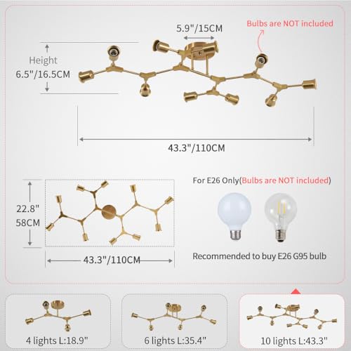Modern Mid Century Gold Sputnik Semi Flush Mount Ceiling Light Fixture