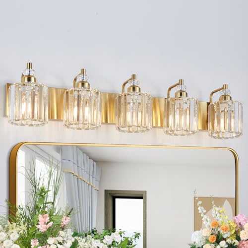 5 Light Modern Vanity Lights Brushed Brass Bathroom Light Fixtures Over Mirror Gold Bathroom Vanity Lighting with Crystal Shade E26 Base Wall Sconce for Bedroom Living Room Restroom Wall Lamp