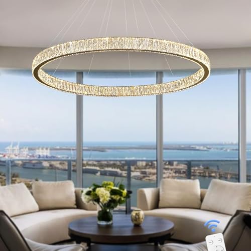 Modern Large Gold Ring Chandelier Dimmable LED 47.5in Adjustable Gold Crystal Ring Pendant Light Fixtures for Dining Room Living Room