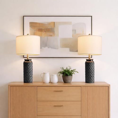24" Modern Ceramic Black Bedside Lamp Set of 2 Table Lamp for Bedroom Decor Farmhouse Table Lamp for Living Room Office Dorm (2 Count)