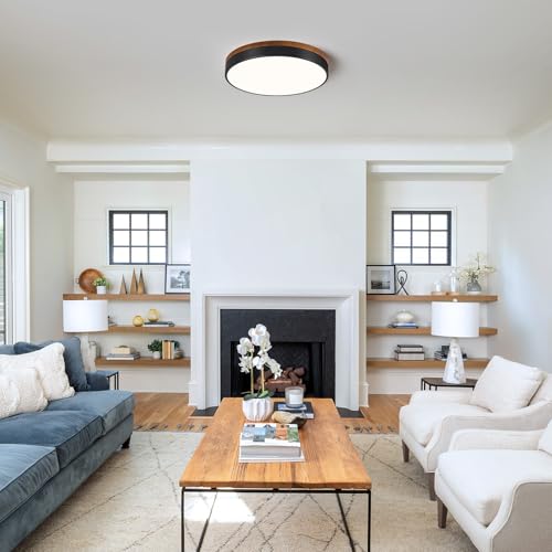 Modern Walnut Wood Black Flush Mount Ceiling Light 15.74 Inch