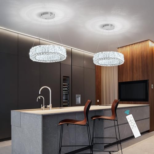 Modern Chandelier for Dining Room Dimmable LED Pendant Lights for Kitchen Island Lighting Silver Ring Crystal Chandeliers for Bedroom Entrance Living Room