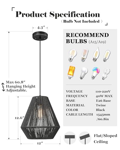 Modern Woven Pendant Light Fixtures 11.8" Farmhouse Coastal Hanging Lamp Matte Black Handwoven Rattan Basket Shade Boho Pendant Light for Kitchen Island Dining Room Bar Bedroom Foyer Hallway