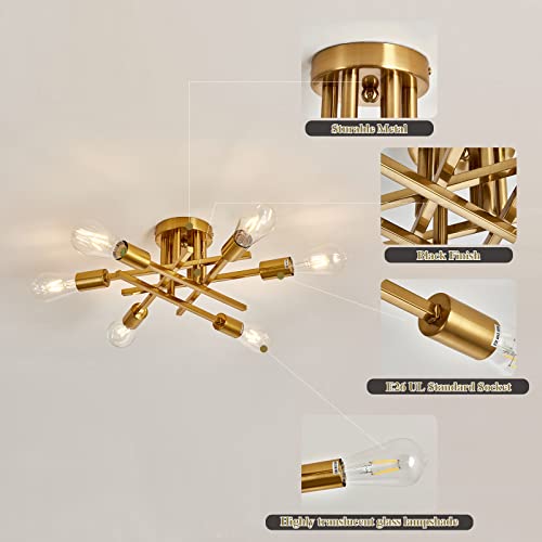 6 Lights Semi Flush Mount Ceiling Light Fixture Gold Modern Matte Sputnik Chandelier Vintage Ceiling Lamp Farmhouse for Kitchen Bedroom Dining Room Living Room with E26 Bulb Base