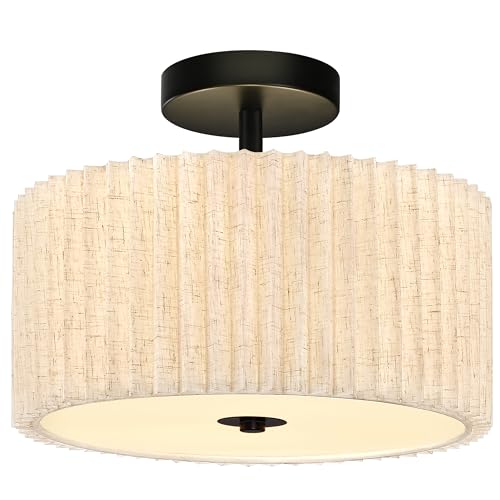 2 Light Semi Flush Mount Ceiling Light Fixture 12.6 Inch Modern Black Drum Ceiling Light Fixture with Pleated Fabric Shade Dimmable Close to Ceiling Light for Living Room Hallway Bedroom Entryway