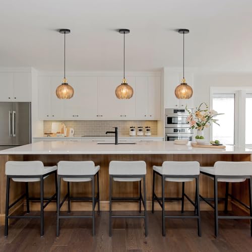 Vintage Amber Ribbed Glass Pendant Lights for Kitchen Island 2 Pack