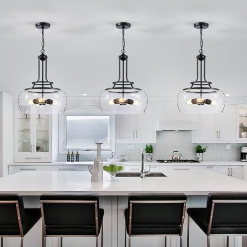 Chandelier Rustic Farmhouse Industrial Round Ceiling Pendant LED Light Fixture Clear Seeded Glass Shade for Dining Room Kitchen Island Foyer Entryway