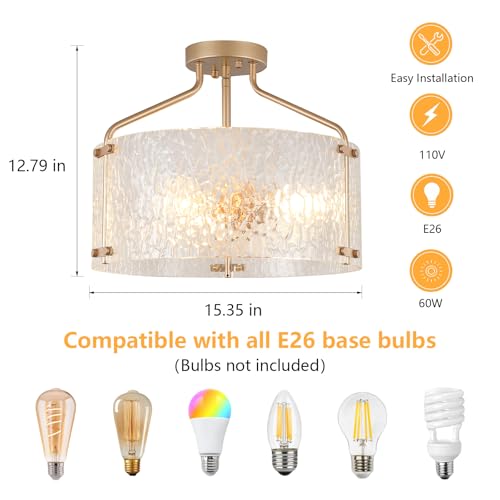 Semi Flush Mount Ceiling Light Fixture Glass Drum Chandelier Entryway Light Fixture 16''Gold Flush Mount Ceiling Lights 3 (3 Count)