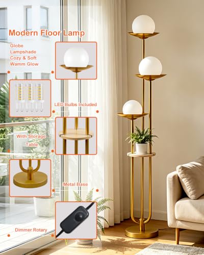 3 Light Globe Floor Lamp with Shelf Modern Dimmable Floor Lamps for Reading (3 Count)