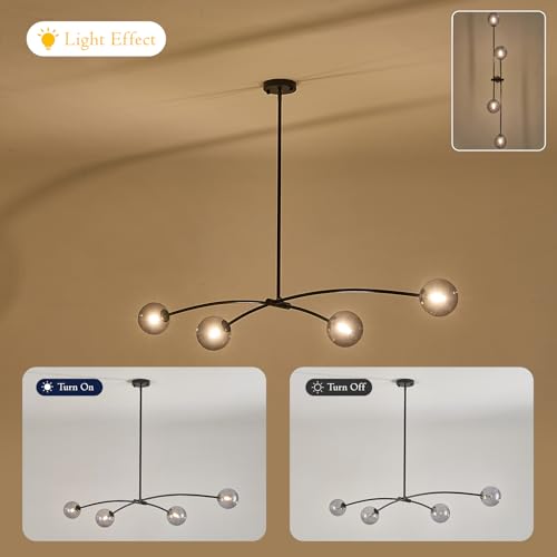 Black Sputnik Chandelier with Smoke Glass Globe 4 Lights L51 Inch