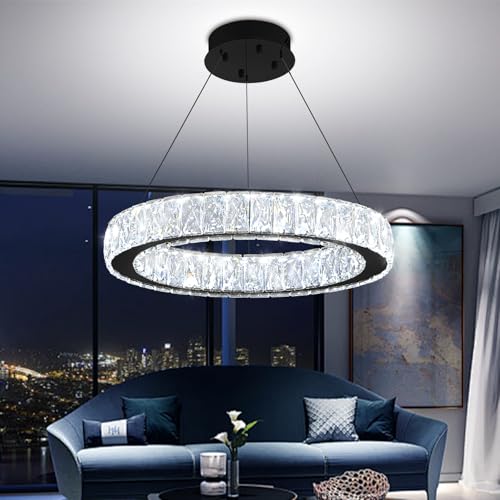 Modern 23.6'' Ring Crystal Chandelier Adjustable LED Ring Pendant Light Dimmable Black Round Crystal Chandelier Light for Dining Room Living Room