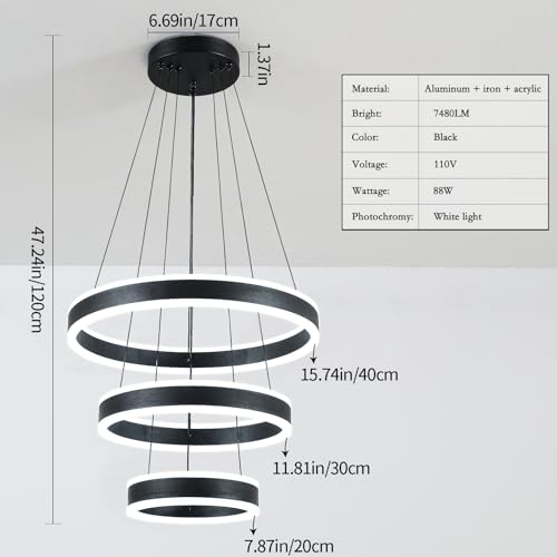 Modern LED Chandeliers Adjustable Hanging Black Pendant Light Fixture 3 Ring Flush Mount Chandeliers for Bedroom
