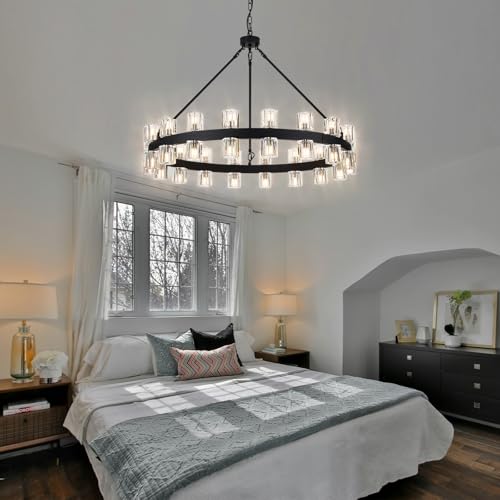 36 Inch Black Wagon Wheel Chandelier with Crystal Shade