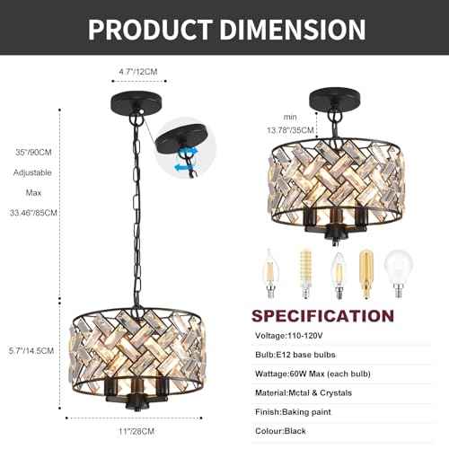lobolighting Black Crystal Chandelier, 11'' Modern Chandelier, 3-LightSemi Flush Mount Ceiling Light Fixture for Dining Room Foyer Hallway