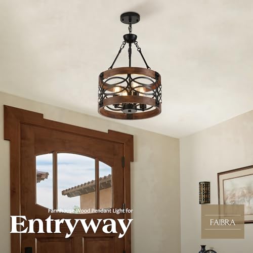4 Light Farmhouse Drum Wood Pendant Light 13.8'' Vintage Rustic Brown Oak Wood Chandeliers (4 Count)