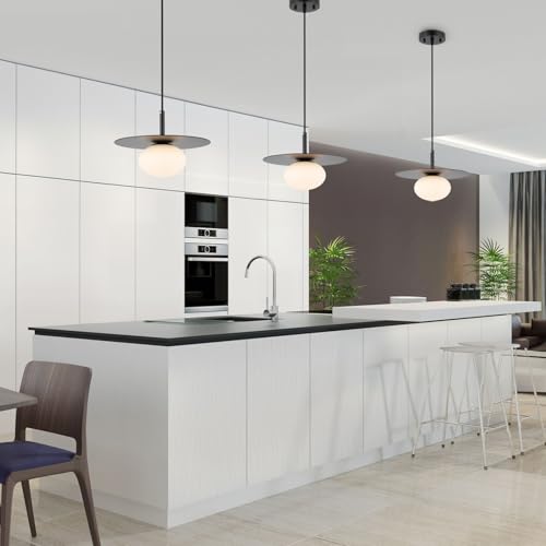 Modern Globe Pendant Lighting Set of 2 Milky White Glass Shade Matte Black Farmhouse Pendant Light 11.81" Dome Industrial Hanging Ceiling Light Fixture Kitchen Island Dinning Room Bedroom (2 Count)