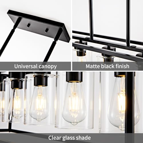 6 Light Dining Room Light Fixture Black Farmhouse Chandelier Kitchen Island Pendant Lighting Rectangle Modern Industrial Living Room Hanging Lights Adjustable Height