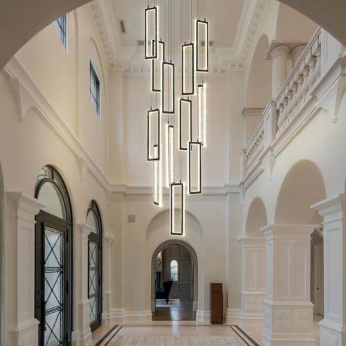 H158 Modern Chandelier 12 Rings Black Chandelier Lighting Fixture High Ceiling Chandelier Suitable for Living Room Staircase Villa