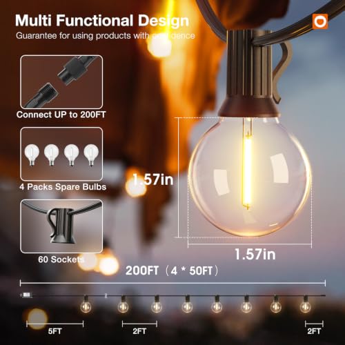 200FT Outdoor String Lights G40 LED Remote Dimmable Waterproof