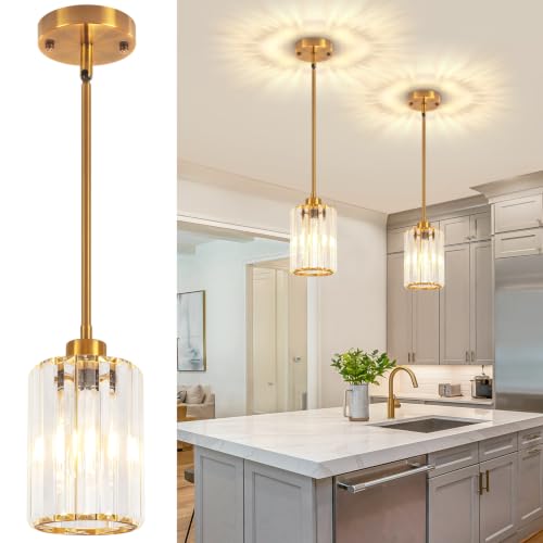 2 Pack Brushed Gold Pendant Light Fixtures Modern Crystal Kitchen Lighting (2 Count)