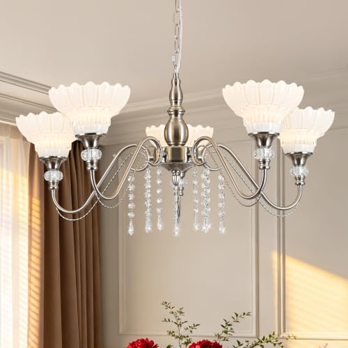 5 Light Chandelier in Brushed Nickel Finish with Flower (5-Light / Nickel and White)