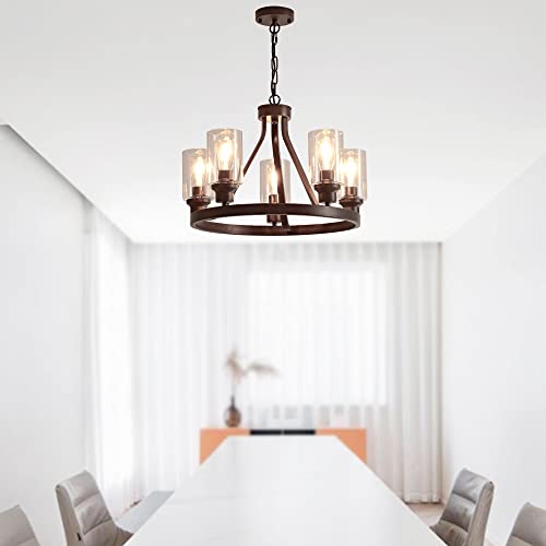 Farmhouse Chandelier Lighting Round 5 Lights Oil Rubbed Bronze with Glass Shade Ceiling Hanging Vintage Rustic Light Fixture for Dining Room Living Room Foyer Porch Kitchen Island