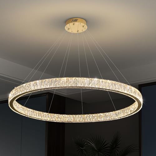 Modern Large Gold Ring Chandelier Dimmable LED 47.5in Adjustable Gold Crystal Ring Pendant Light Fixtures for Dining Room Living Room